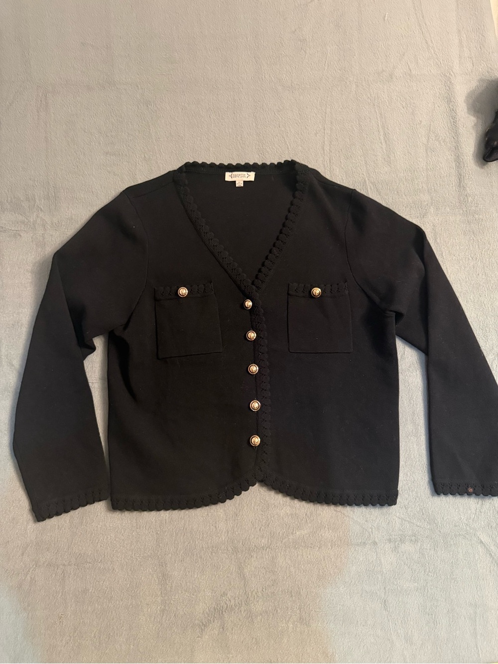 Nanette Lepore Black Knit Cardigan Gold Buttons Pockets Designer Sweater Xl